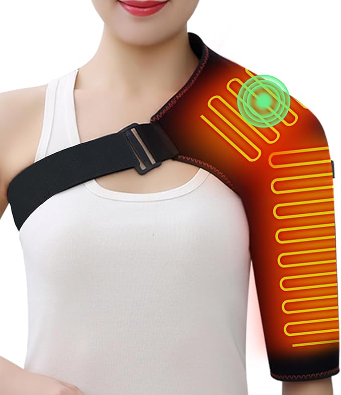 WOOLALA Heated Shoulder Brace with Massager Portable Electric Heating Pad for Shoulders Pain and Upper Arm Muscle Massage Heated Wrap for Left