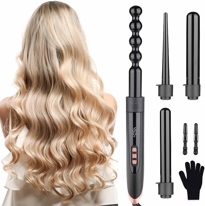 Curling Iron - 3 Barrel Hair Crimper Iron - 5 in 1 Curling Wand Hair Wand with Fast Heating Up - Crimper Wand Curler for All Hair Types Heat Protective Glove &amp 2 Clips Included