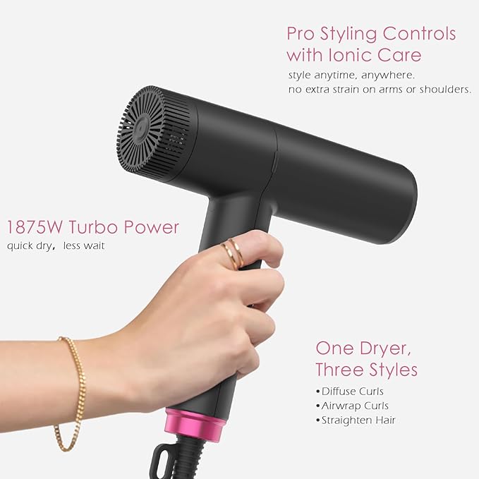 TOME Hair Dryer 1875W High-Speed EC Motor 110000 RPM Ionic Blow Dryer Fast Drying Cool Shot Lock 3 Heat 2 Speed 4 Attachments (Styling Nozzle Diffuser 2 Air-Powered Wrap Wands) 125V Hot Pink