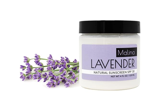 Malina™ Organic Lavender Natural Sunscreen | SPF 30+ | Nontoxic | Baby-Safe | Reef-Safe | No Preservatives | No Synthetic Fragrance | Made With Pure Essential Oil (4 Fl Oz)