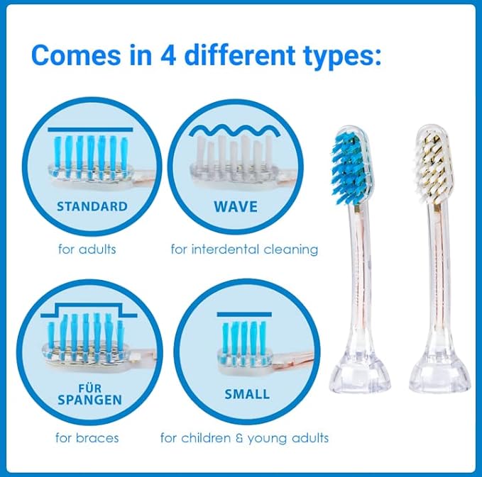 Emmi-dent Metallic/Professional 2-Pin Bristle-Head Attachments - Electric Toothbrush Replacement Heads. Cleans with Ultrasound Waves (Kids/Young Adult 2 Pack)