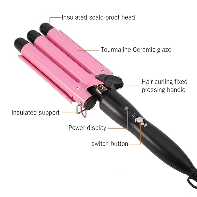 Hair Curling Iron Portable Temperature Adjustable 3 Barrels Ceramic Iron Wand Curler DIY Curly Hair Styling Tools (25mm)