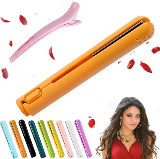 Mini Dual-Purpose Curling Iron for Short Hair 2 in 1 Hair Straightener and Curler Small Hair Straightener Travel USB Curling Wand (Orange)