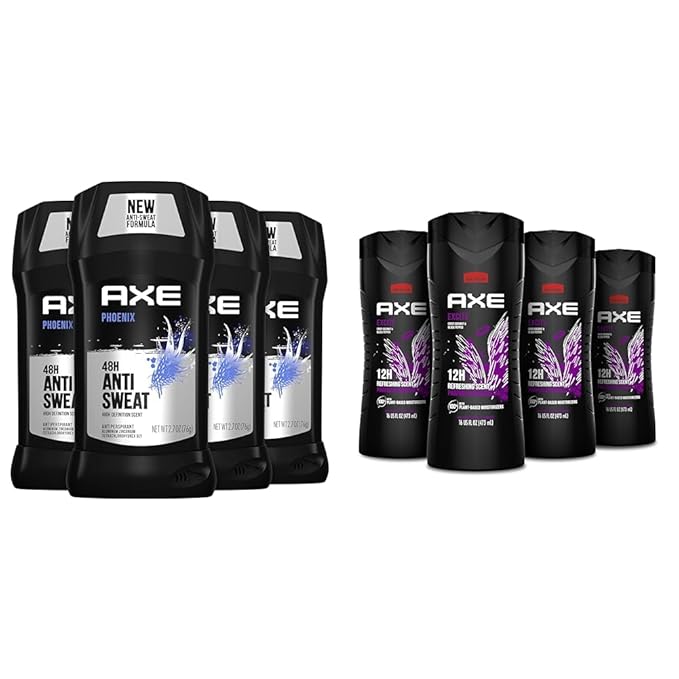 AXE Antiperspirant Deodorant Phoenix 4PK 48H Sweat &amp Odor Protection Crushed Mint &amp Rosemary + AXE Body Wash Excite 4PK 12H Refreshing Scent Crisp Coconut &amp Black Pepper