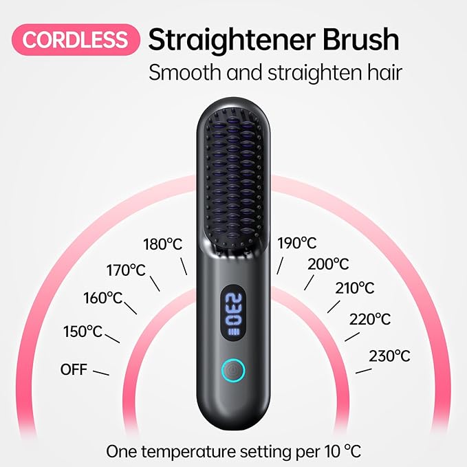 Cordless Hair Straightener Brush-Portable Straightening Comb 9600mAh Batt Plasma Tech 9 Temp-Settings &amp LED Display for Travel &amp Home (Grey)