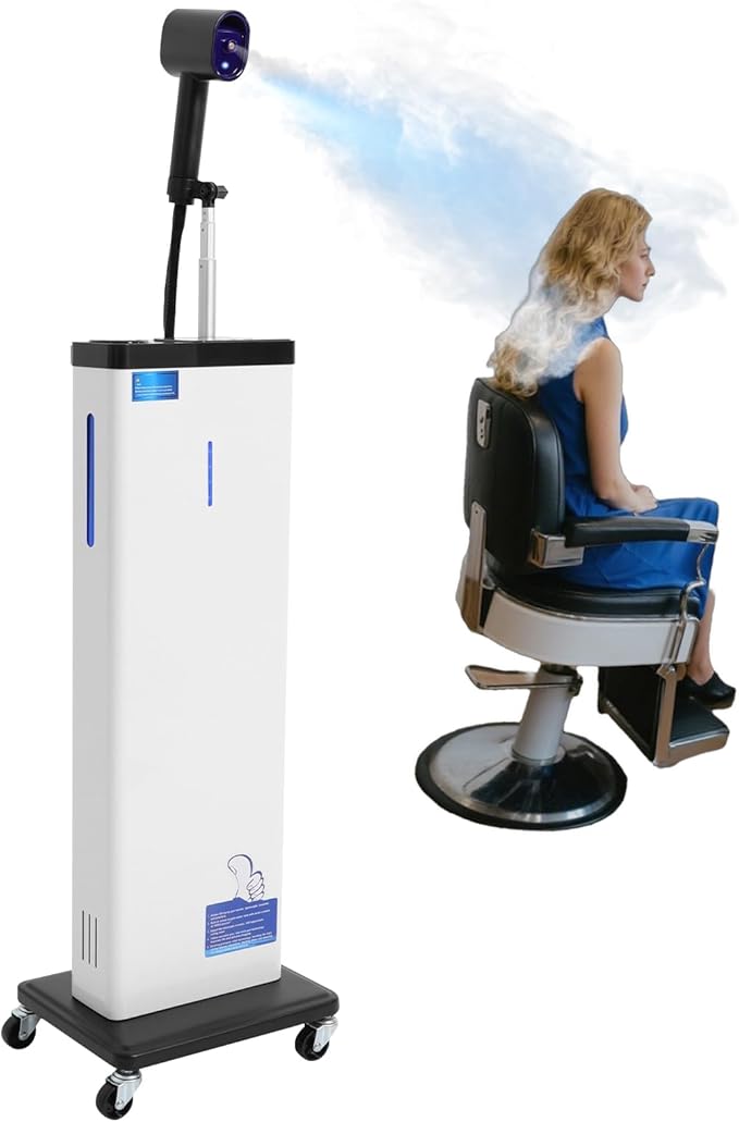 Nano Mist Hair Steamer 1300W Multifunctional Professional Micro Mist Salon Hair Processor w/ 360°Swivel Wheels &amp Control Panel9-Gear Adjustable Nano Hair Steamer for Deep Conditioning (White)