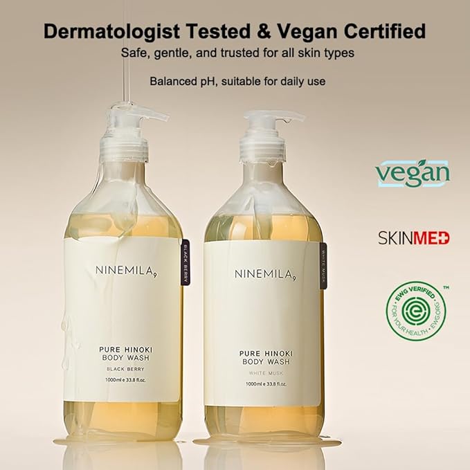 NINEMILA Pure Hinoki Body Care Set: 1000ml Vegan Body Wash (White Musk) &amp 1000ml Body Lotion (Blackberry) – Jeju Cypress Water (50000ppm) Hypoallergenic Spa Ritual for Sensitive Skin 2-Pack Bun