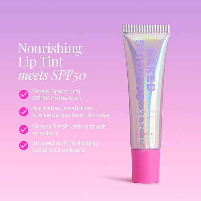 Naked Sundays Poutscreen SPF 50 Lip Treatment – Hydrating Lip Balm with Broad Spectrum Glossy Non-Sticky Finish Nourishing Lip Care with Peptides for Protected Lips - 15ml (Love Letter)