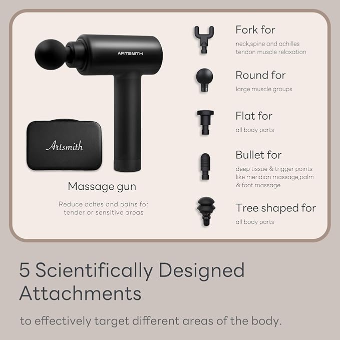 ARTSMITH Massage Gun Deep Tissue for Pain Relief Silent Back Massage Recovery &amp Pain Relief Back Muscle Massager with 5 Massages Heads &amp Carry Case Black (AS500SE)