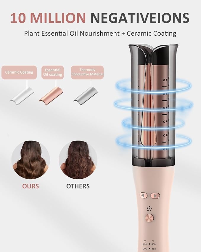 Automatic Curling Iron Auto Hair Curler with 4 Temperature &amp 3 Timer Portable Hair Curler Automatic Shut-Off Anti-Scald Anti-Tangle 500 Million Ionic Rotating Curling Wand for Hair Styling