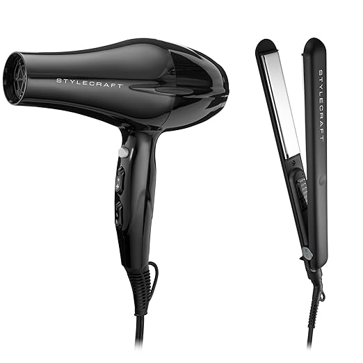StyleCraft Professional Hair Dryer &amp Titanium Flat Iron Styling Set - Salon-Grade Performance for All Hair Types