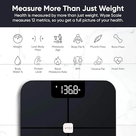 Wyze Smart Scale Scale for Body Weight Digital Bathroom Scale for Body Fat BMI and Heart Rate Body Composition Analyzer with App Batteries Included Bluetooth 400 lb Black