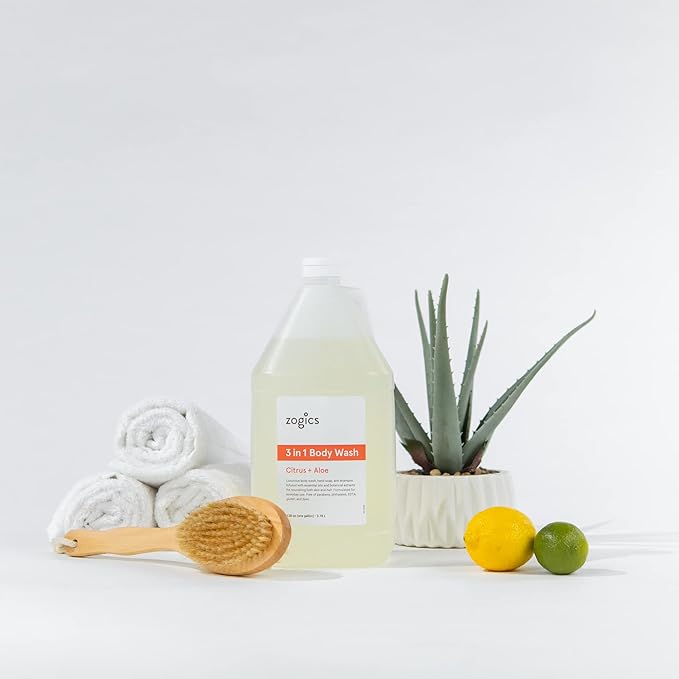 Zogics 3-in-1 Body Wash – Body Soap Shampoo and Hand Soap Liquid Refill All-in-One Hydrating Plant-Based Formula Refreshing Citrus + Aloe Scent (4 Gallons/Case)