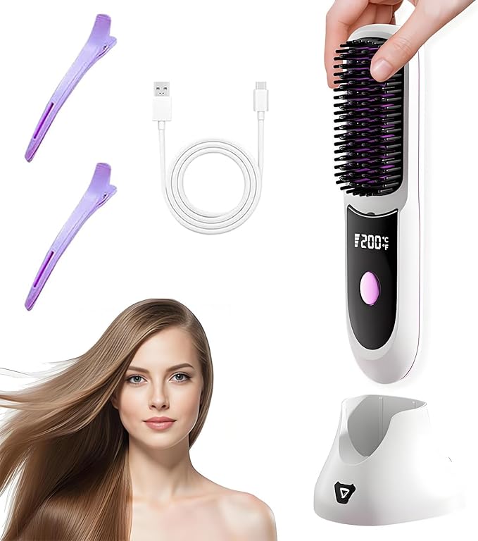 Go Brush Pro Hair Straightener Portable Go Brush Pro Cordless Hair Straightener Comb 3 Temperature Control Settings Rechargeable for Travel and Everyday Use (White)