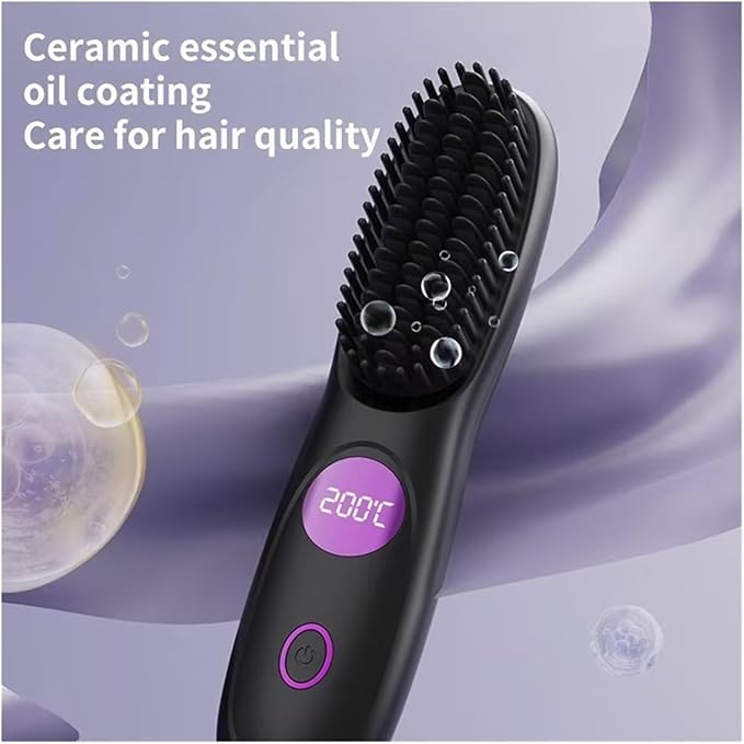 Cordless Hair Straightener Brush Portable Mini Hair Straightening Brush with 3 Temperature Settings &amp LED Display USB Rechargeable Fast Heating Hairs Brush for Travel(Black)