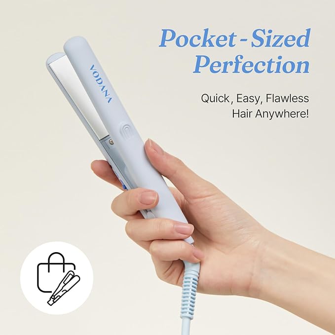 VODANA Professional Hair Irons Bundle Pocket Mini Flat Iron Creamy Blue Heat Balance 24/7 Glossy Hair Oil