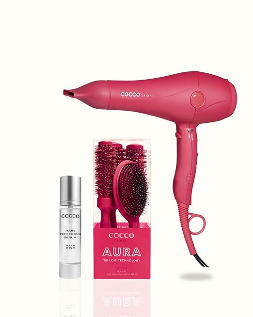 Premium Pink Hair Styling Bundle – Nano Pro Hair Dryer Pink Aura Brush Set &amp Smoothing Hair Serum for Salon-Finish Results