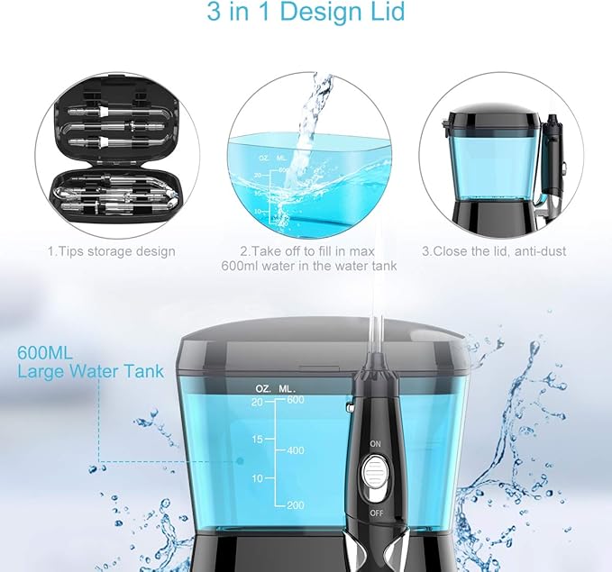TUREWELL Water Flossing Oral Irrigator 600ML Dental Teeth Cleaner 10 Adjustable Pressure Electric Oral Flosser for Braces 8 Replacement Jet Tips for Family (Black)