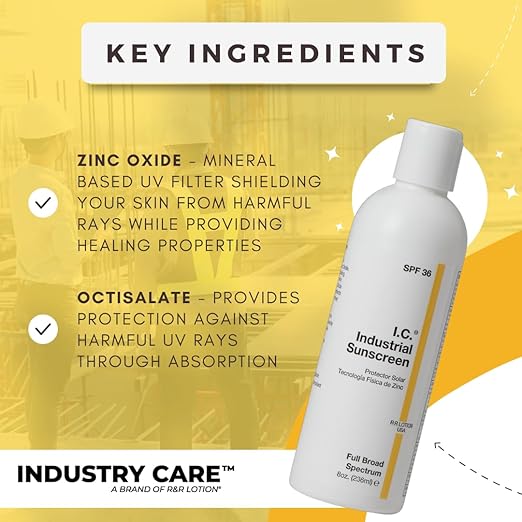 I.C. Industrial Sunscreen Mineral Based SPF 36 Physical Zinc Protection Full Broad Spectrum 80 Minute Sweat &amp Water Resistant Heat Stress Anti-Inflammatory Properties. USA 8oz Bottle (ISSC-8)