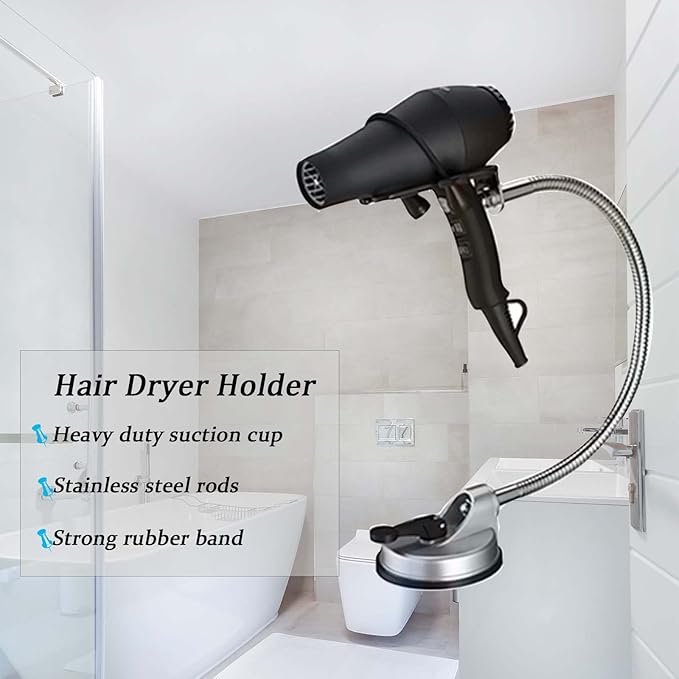 360 ° Freely Rotation Hair Dryer Handsfree Bracket with Sucker. Universal Stainless Hair Dryer Stand Holder for any hair dryer.