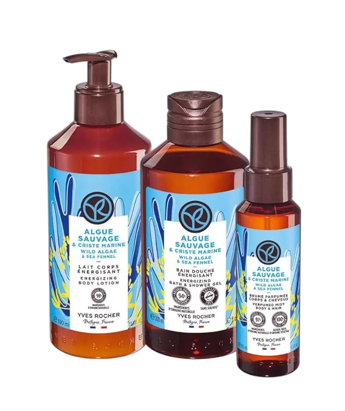 Yves Rocher Wild Algae &amp Sea Fennel Shower Gel Body Nourishing Milk Perfumed Spray Mist Women Day Care 200 ml./6.7fl.oz. 390 ml./13.2 fl.oz. 100 ml./3.3 fl.oz. Set of 3 Best Gift Kit