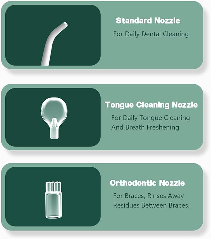 Water Flosser for Teeth CordlessOral Irrigatorwith 2500 RPM Sonic Technology3 Modes and 3 Specialised Nozzles280mlIPX7Smart Standbyfor Cleaning Teeth/Braces/GapsWhite/Green (Green)