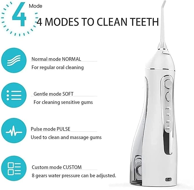Cordless Dental Oral Irrigator Professional Water Flosser for Teeth Cleaner IPX7 4 Modes with 200ML Tank USB Rechargeable for Travel &amp Home