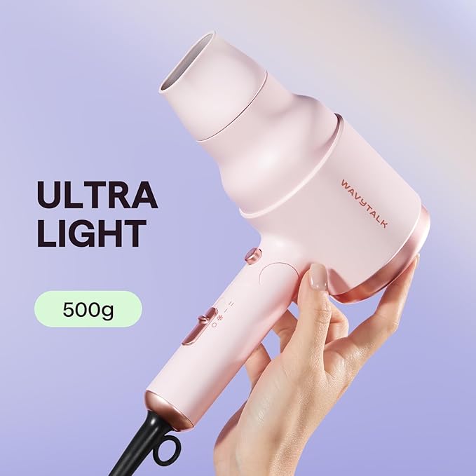 Wavytalk Blow Dryer with Diffuser Mini Hair Dryer with Folding Handle 1600W Quiet Lightweight Hairdryer with Diffuser Compact Design Pinky White