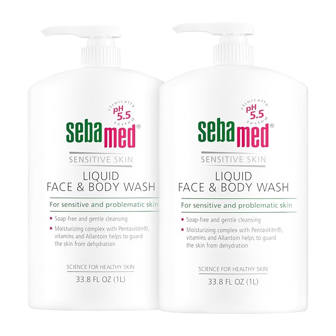 SEBAMED Paraben-Free Face and Body Wash With Pump for Sensitive and Delicate Skin pH 5.5 Ultra Mild Dermatologist Recommended Cleanser 33.8 Fluid Ounces (1 Liter) Set of 2 Value Pack green