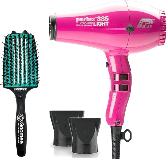 Parlux 385 Powerlight Ionic and Ceramic Pink Hair Dryer with Miracle Large Detangling Brush Mint Green – Lightweight Blow Dryer and Dual Bristle Brush for Smooth Frizz-Free Hair