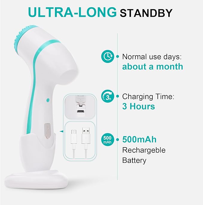 Facial Cleansing Brush 3 in 1 Electric Face Scrubber with 3 Brush Heads for Women/Men Waterproof Rechargeable Face Cleansing Brush for Dry Oily Sensitive Skin (Blue)