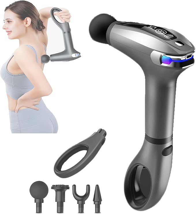 Massager for Body Muscle Relaxation and Fitness LED Screen 4 Massage Heads 8-Level Adjustment Detachable Handle 10 Mm Massage Depth 15-Minute Timer Deep Tissue MassageGrey