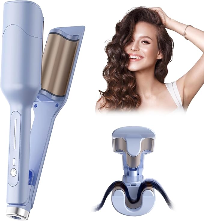 Ionic Wave Curling Iron Hair Crimper with 3 Adjustable Temperatures for Women Fast Heating Anti-Scald Hair Tool with Intelligent Power Off for Beach Waves and Curls (Blue)