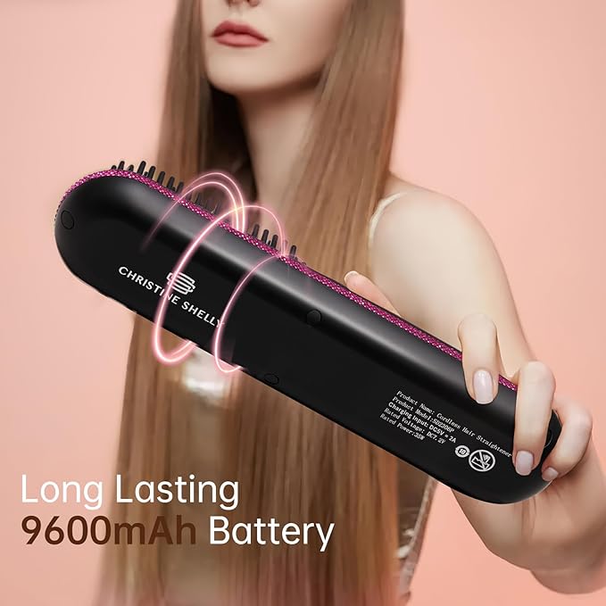 Hair Straightener Brush Portable Cordless Mini Straightening Brush for Travel Negative Ion Hot Comb Hair Straightener with 9 Temps for Women Anti-Scald Ceramic Fast Charge