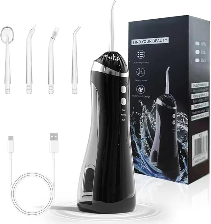 Portable Water Flosser for TeethCordless Oral Irrigator with 4 TipsTravel Water Teeth Cleaner with for Office Daily Use (Black)