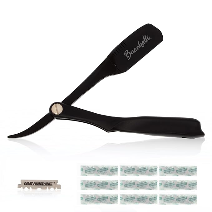 Black Folding Straight Edge Razor W/Pack Of 10 Blades