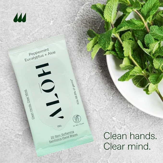 ALŌH Peppermint Eucalyptus Sanitizing Hand Wipes - Clean Hands Clear Mind On The Go Sanitizer for Kids and Adults - Travel Size 6 packs of 20ct Wipe (120 Wipes)
