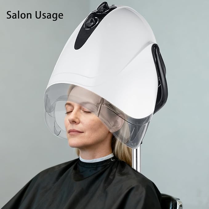 1000W Professional Hooded Hair DryerStanding Blow Hair Dryer with Cap and WheelsTemperature and time are AdjustableSuitable for Salon and Home(White-Stainless Steel Column)
