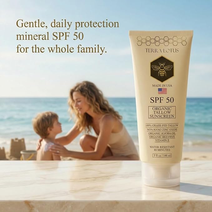 Organic Tallow Sunscreen - 50 SPF - For Face and Body - With 100% Grass-Fed Tallow and Non-Nano Zinc Oxide Reef Safe - (5 Oz)