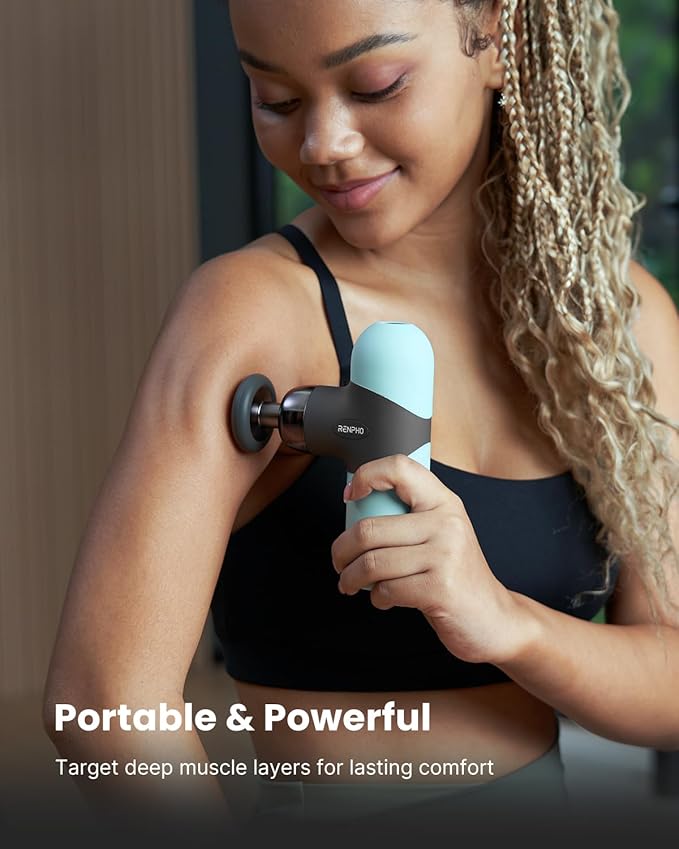 RENPHO Mini Thermal Massage Gun with Heat Portable Deep Tissue Percussion Massager with 4 Heads for Neck &amp Back Comfort Ultra-Quiet Operation for Home Office &amp Travel Includes Compact Carr