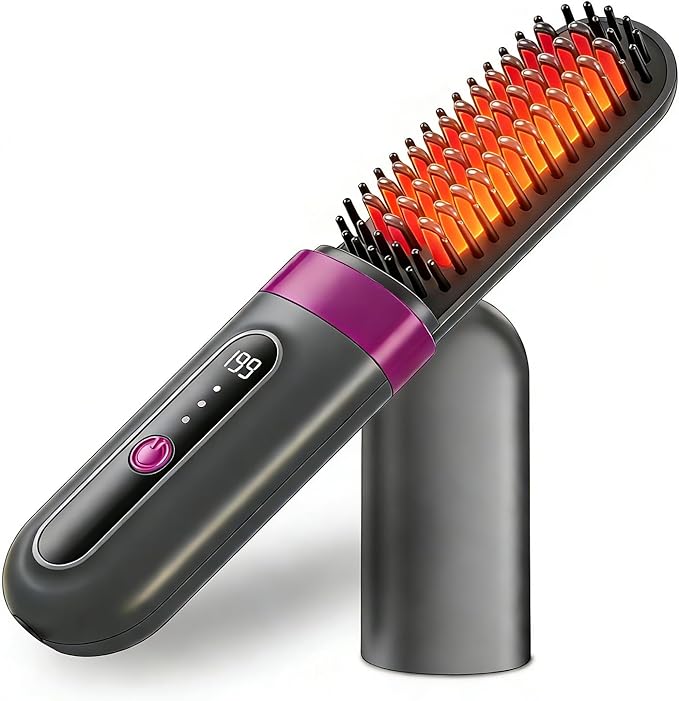 Cordless Hair Straightener Brush - Portable Fast-Heating Styling Tool with Protective Dust Cover - 3 Temperature Settings 300 Million Negative Ions for Frizz-Free Styling On-the-Go &amp Travel Use