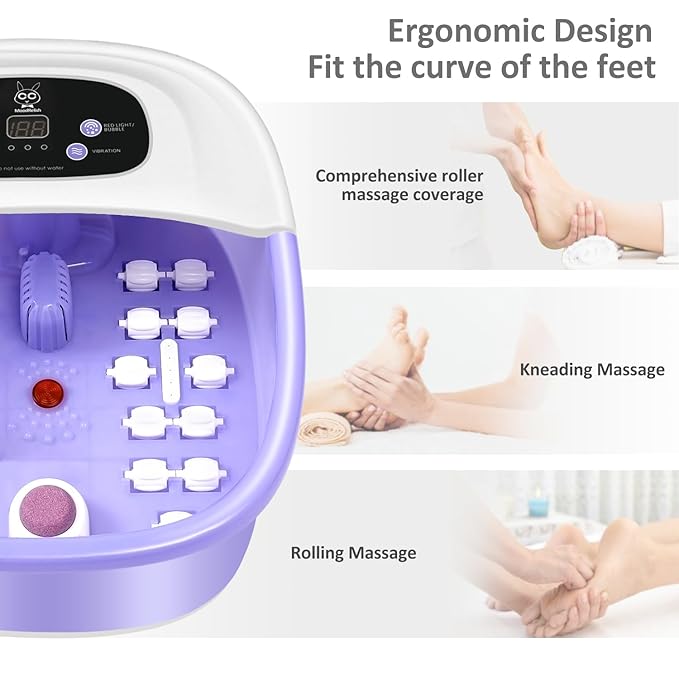 Foot Spa Bath Massager with Heat Bubbles and Vibration Massage and Jets 16 OZ Calming Lavender Foot Soak Epsom Salt MoodRelish Foot Soaker With Red Light 22 Massage Rollers Adjustable Temp -Purple