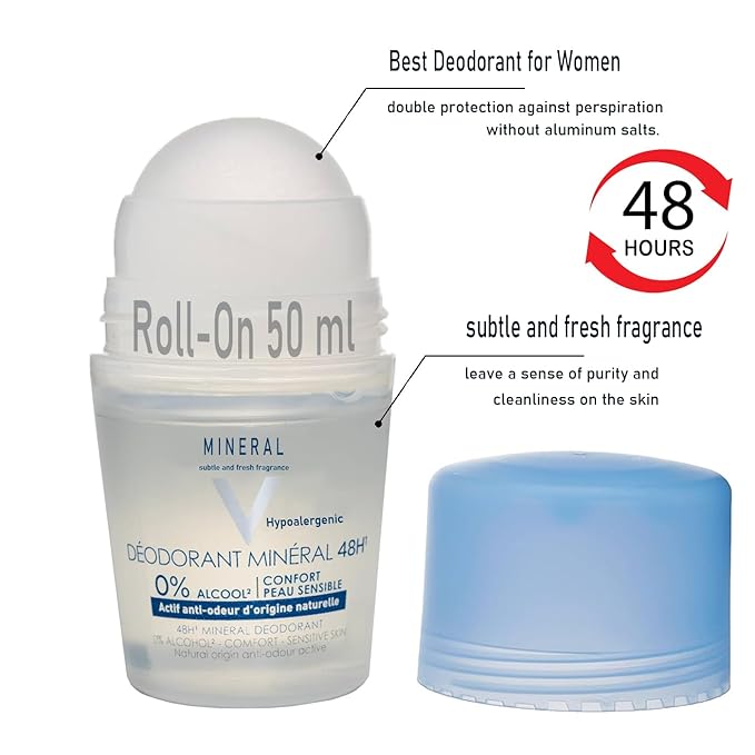 Mineral 48H Aluminum Free Deodorant Roll-On 50 ml Deo | 15 Minerals of Volcanic Water For Anti-Odor Efficiency Up to 48 Hours