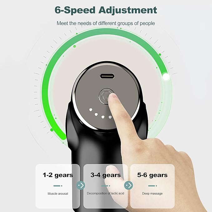 Ergocar Powerful Muscle Massage Gun Deep Tissue 6 Speeds Handheld Electric Body Massager with 4 Heads Super Quiet Portable for Athletes Sedentary Office Worker Touch Screen-Green