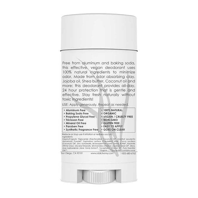 RD ALCHEMY - UNSCENTED - Best 100% Natural &amp Organic Semi-Solid Stick Deodorant. Free of Aluminum Baking Soda Parabens Synthetic Fragrance Propylene Glycol! - Get Fresh Today!