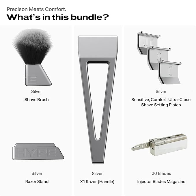 HYPE X1 Single Edge Aluminum Safety Razor Full Set - Ergonomic V-Shaped Design with 3 Customizeble Shave Settings 20 Non-Proprietary Blades Shaving Brush &amp Stand - Silver