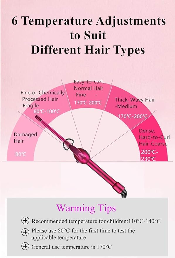 Hair Curler 9mm Ceramic Curling Iron Wand for Men/Women Short/Long Hair Small Barrel Hair Crimper Iron with 6 Temp Adjustment