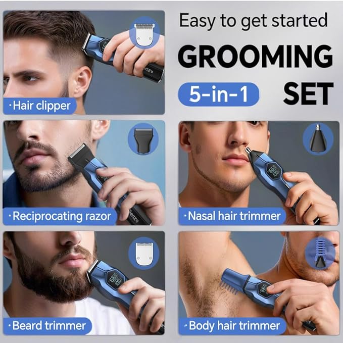 5-in-1 Electric Beard Trimmer Magnetic Replacement Heads Professional Cordless Hair Clippers for Men Rechargeable IPX7 Waterproof Grooming Kit for Face Mustache Body Nose Gifts for Men (Blue)