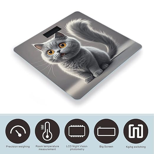 Cute Funny Grey Cats Pattern Scale for Body Weight Digital Bathroom Scale Toughened Glass High Precision Scales for Body Weight with Large LCD Backlight Display Weight Scales