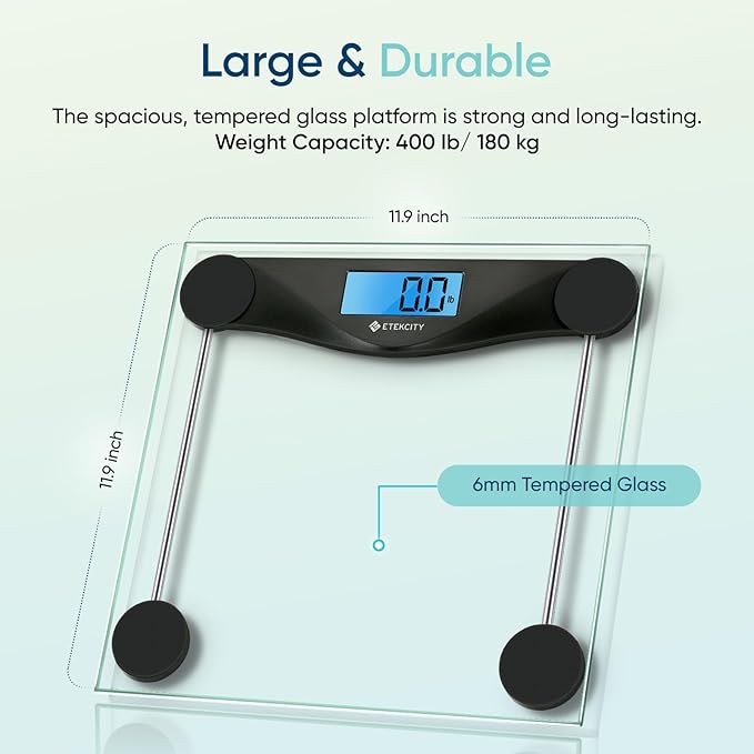 Etekcity Digital Body Weight Bathroom Scale Large Blue LCD Backlight Display High Precision Measurements 6mm Tempered Glass 400 Pounds Black